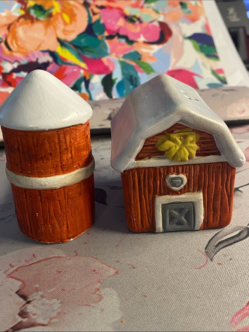 Hand-Painted Mini Barn and Silo Salt & Pepper Set - Orange and White